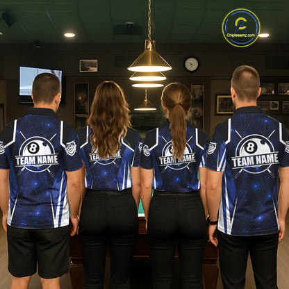 Custom 8 Ball Pool Billiard Shirt For Men, Blue Geometric Billiard Team Jersey Polo & 1/4 Zip TDM6130