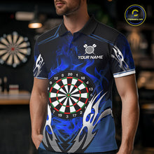 Load image into Gallery viewer, Man wearing a blue flaming silver darts jersey front view.