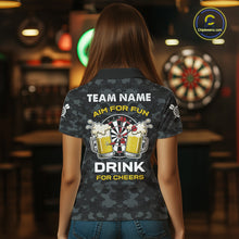 Load image into Gallery viewer, Back view of woman wearing a darts and beer aim for fun drink for cheers darts shirt.