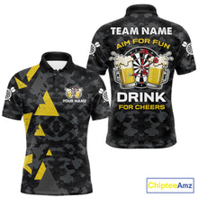 Load image into Gallery viewer, Darts and beer aim for fun drink for cheers darts polo shirt for men with custom darts team graphics.