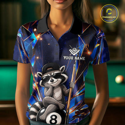Woman wearing a funny raccoon crystal 8 ball billiard jersey beside a pool table front view.