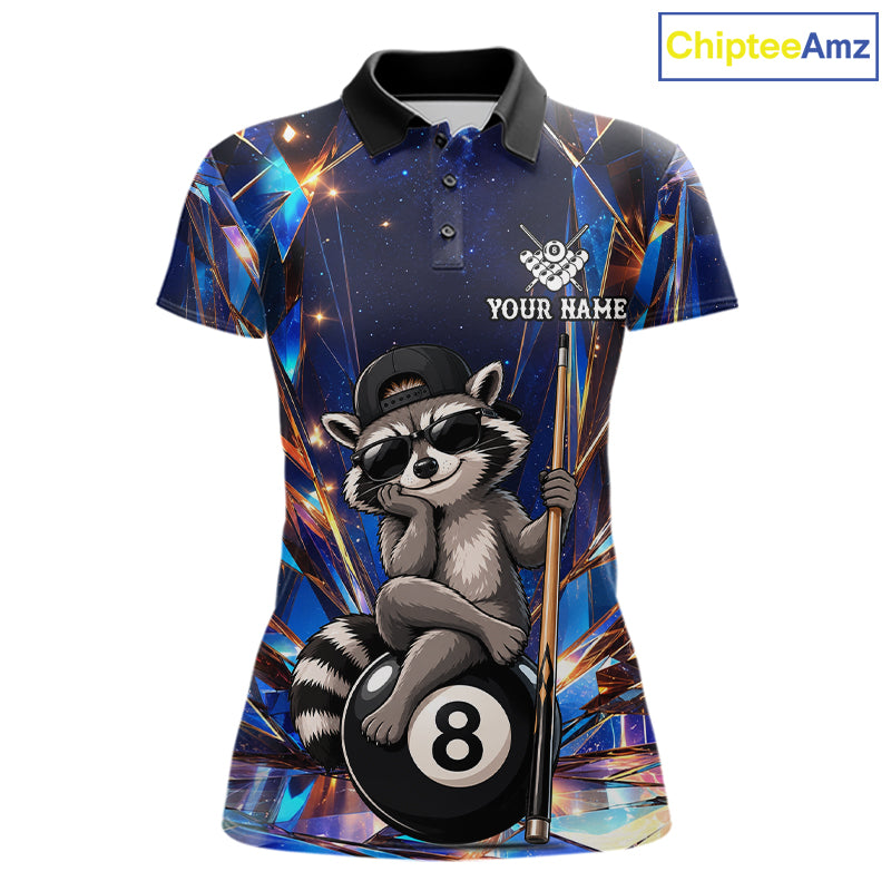 Funny raccoon crystal 8 ball billiard polo shirt for women with custom pool team graphics.