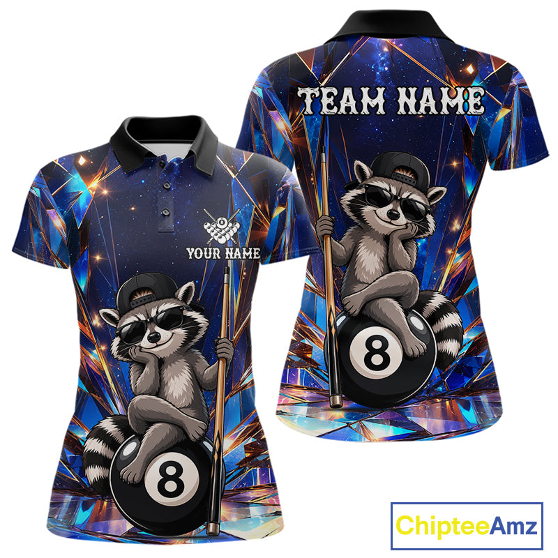 Funny raccoon crystal 8 ball billiard polo shirt for women with custom pool team graphics.