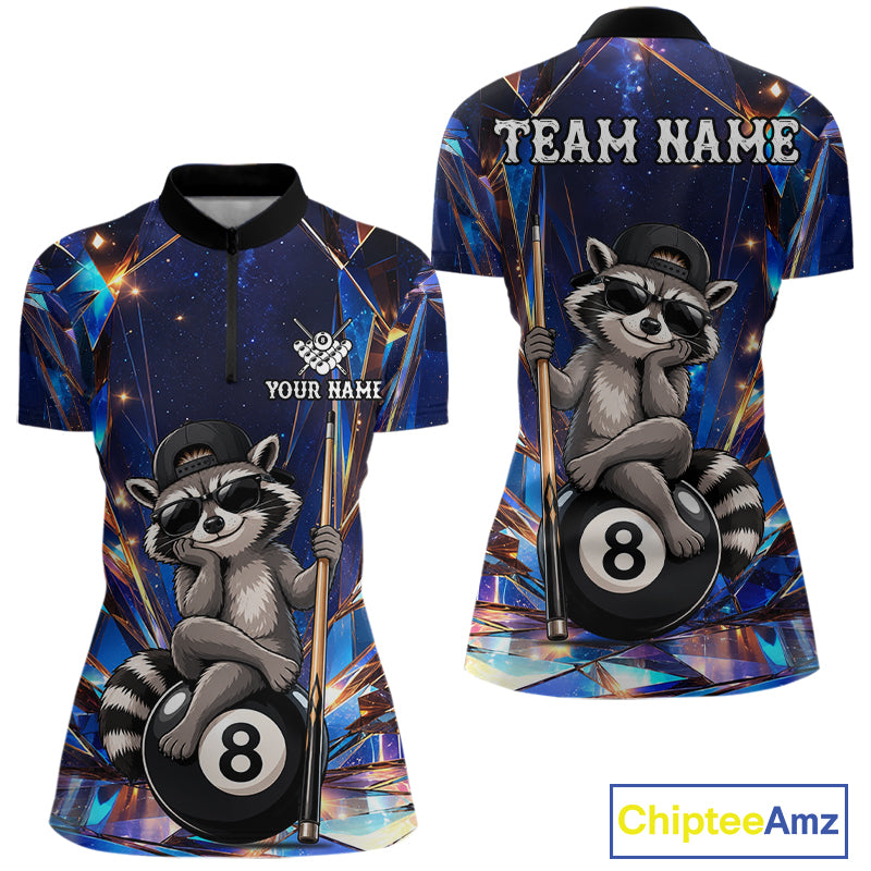 Funny raccoon crystal 8 ball billiard quarter zip shirt for women designed for league tournaments and team events.