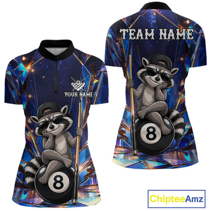 Funny raccoon crystal 8 ball billiard quarter zip shirt for women designed for league tournaments and team events.