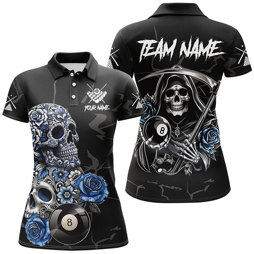 Personalized Funny Blue Skull Roses 8 Ball Billiard Shirts For Women Custom Pool Team Shirts Designs TDM2067