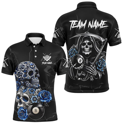 Personalized Funny Blue Skull Roses 8 Ball Billiard Shirts For Men Custom Pool Team Shirts Designs TDM2067