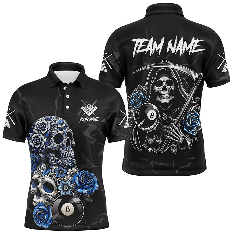 Personalized Funny Blue Skull Roses 8 Ball Billiard Shirts For Men Custom Pool Team Shirts Designs TDM2067