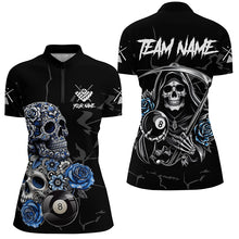Load image into Gallery viewer, Personalized Funny Blue Skull Roses 8 Ball Billiard Shirts For Women Custom Pool Team Shirts Designs TDM2067