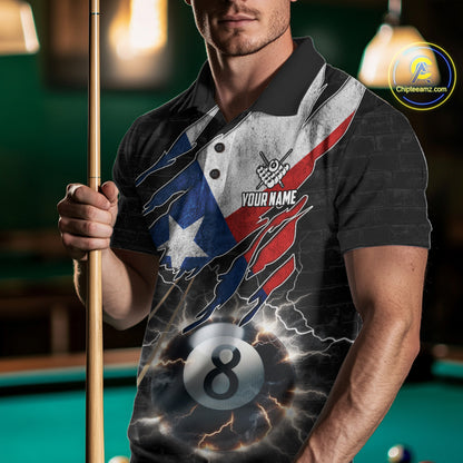 Man Wearing Texas Flag Lightning 8 Ball Billiard Polo Shirt with Athletic Fit and Bold Patriotic Graphic Design, Front View