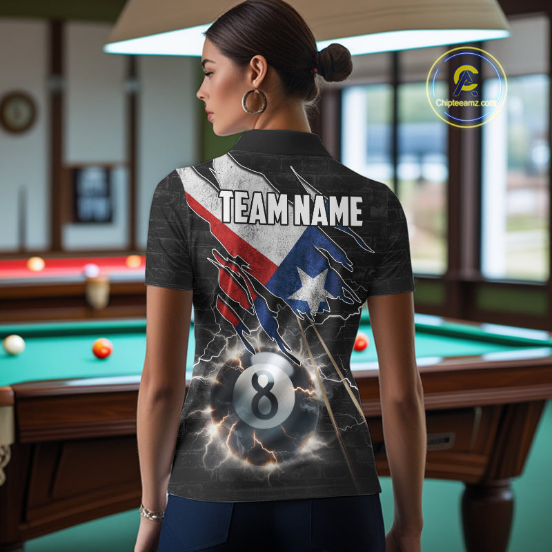 Woman Wearing American Flag Lightning 8 Ball Custom Billiard Team Jersey Featuring the Complete Rear Graphic Artwork, Back View