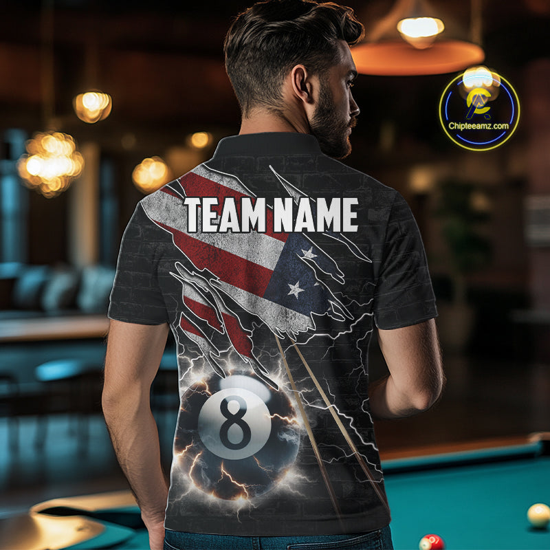 Man Wearing American Flag Lightning 8 Ball Custom Billiard Team Jersey Featuring the Complete Rear Graphic Artwork, Back View