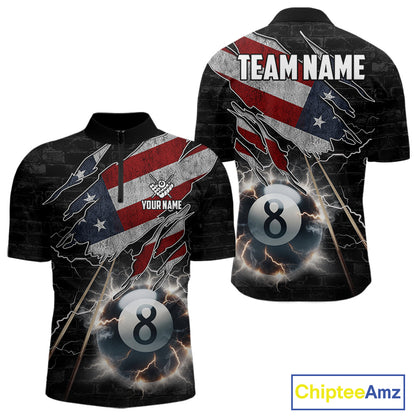American Flag Lightning 8 Ball Quarter Zip Billiard Shirt Created for Pool League Teams with Patriotic Artwork and Performance Jersey Design