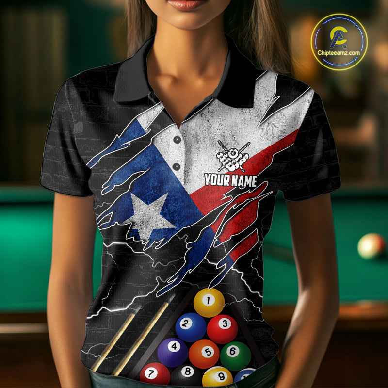 Woman Wearing Personalized Texas Flag 8 Ball Billiard Polo Shirt with Athletic Performance Fit and Patriotic Graphic Artwork, Front View