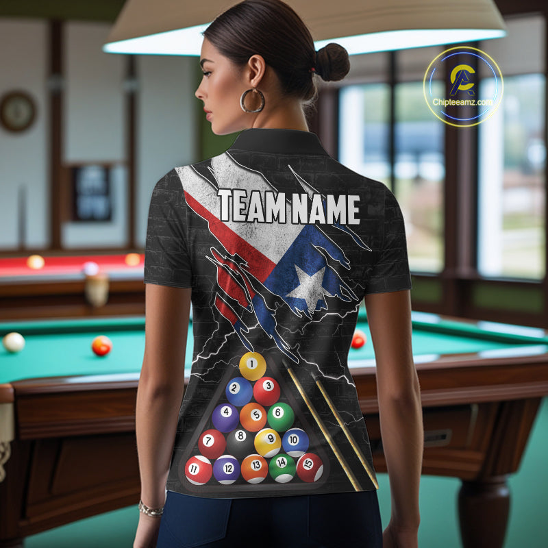 Woman Wearing Personalized Texas Flag 8 Ball Custom Billiard Team Jersey Featuring the Complete Rear Graphic Design, Back View