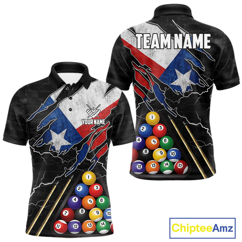 Custom Texas Flag 8 Ball Pool Polo Shirt Designed for Personalized Patriotic Billiard Team Jerseys with Premium Athletic Performance Style