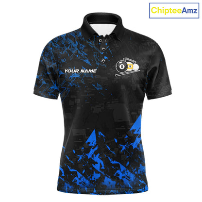 Personalized Blue Grim Reaper 8 Ball 9 Ball Billiard League Polo Shirt Featuring a Bold Custom Design for Pool League Players, Team Matches, and Tournament Competition