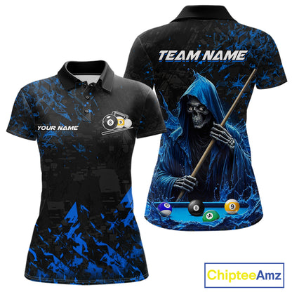 Personalized Blue Grim Reaper 8 Ball 9 Ball Billiard League Polo Shirt Featuring a Bold Custom Design for Pool League Players, Team Competition, and Tournament Events