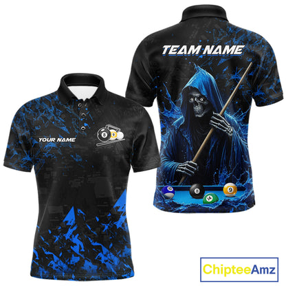 Personalized Blue Grim Reaper 8 Ball 9 Ball Billiard League Polo Shirt Featuring a Bold Custom Design for Pool League Players, Team Matches, and Tournament Competition