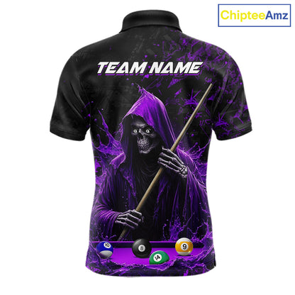 Custom Purple Grim Reaper 8 Ball 9 Ball Pool Polo Shirt Designed for Personalized Billiard Team Jerseys with Premium League Style