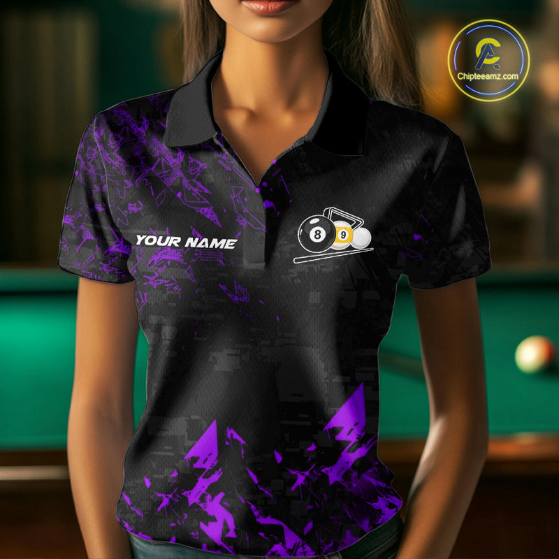 Woman Wearing Personalized Purple Grim Reaper 8 Ball 9 Ball Billiard League Polo Shirt with Comfortable Athletic Fit and Bold Graphic Artwork, Front View