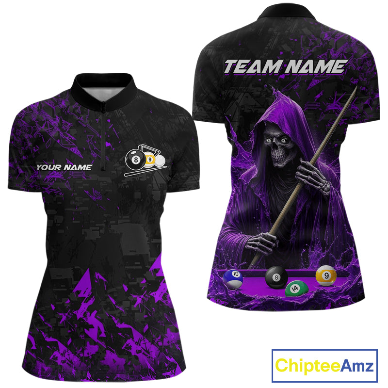 Personalized Purple Grim Reaper 8 Ball 9 Ball Quarter Zip Billiard Shirt Created for Pool League Teams with Custom Jersey Design and Tournament Play