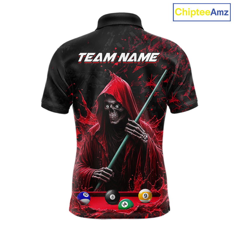Custom Red Grim Reaper 8 Ball 9 Ball Pool Polo Shirt Designed for Personalized Billiard League Team Jerseys and Tournament Play