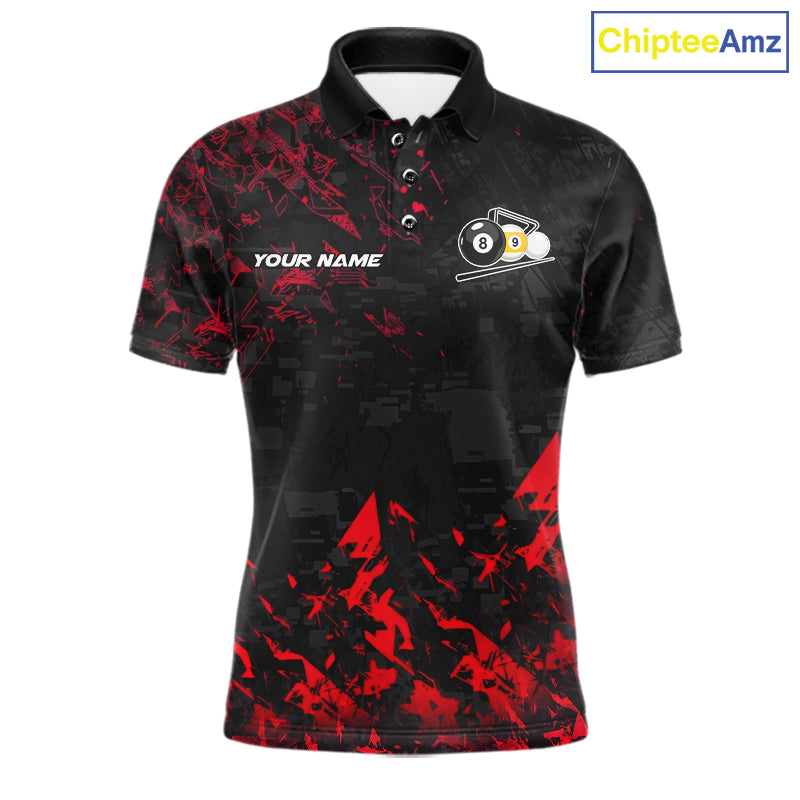 Personalized Red Grim Reaper 8 Ball 9 Ball Billiard League Polo Shirt Featuring a Custom Design for Pool League Players and Team Competition