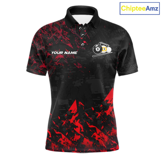 Personalized Red Grim Reaper 8 Ball 9 Ball Billiard League Polo Shirt Featuring a Custom Design for Pool League Players and Team Competition