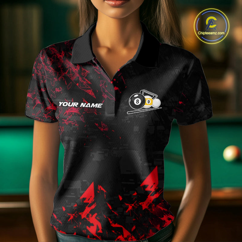 Woman Wearing Personalized Red Grim Reaper 8 Ball 9 Ball Billiard League Polo Shirt with Athletic Performance Fit and Bold Graphic Artwork, Front View