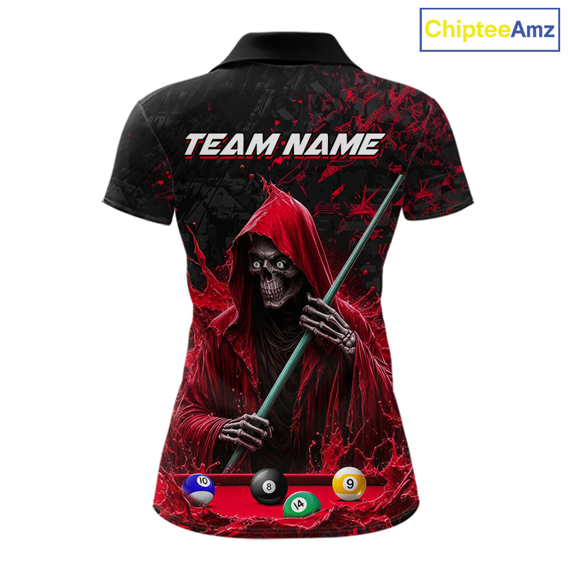 Custom Red Grim Reaper 8 Ball 9 Ball Pool Polo Shirt Designed for Personalized Billiard Team Jerseys with Premium Athletic League Style