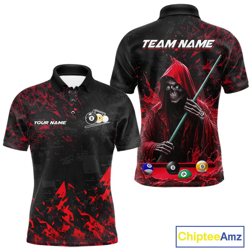 Personalized Red Grim Reaper 8 Ball 9 Ball Billiard League Polo Shirt Featuring a Custom Design for Pool League Players and Team Competition