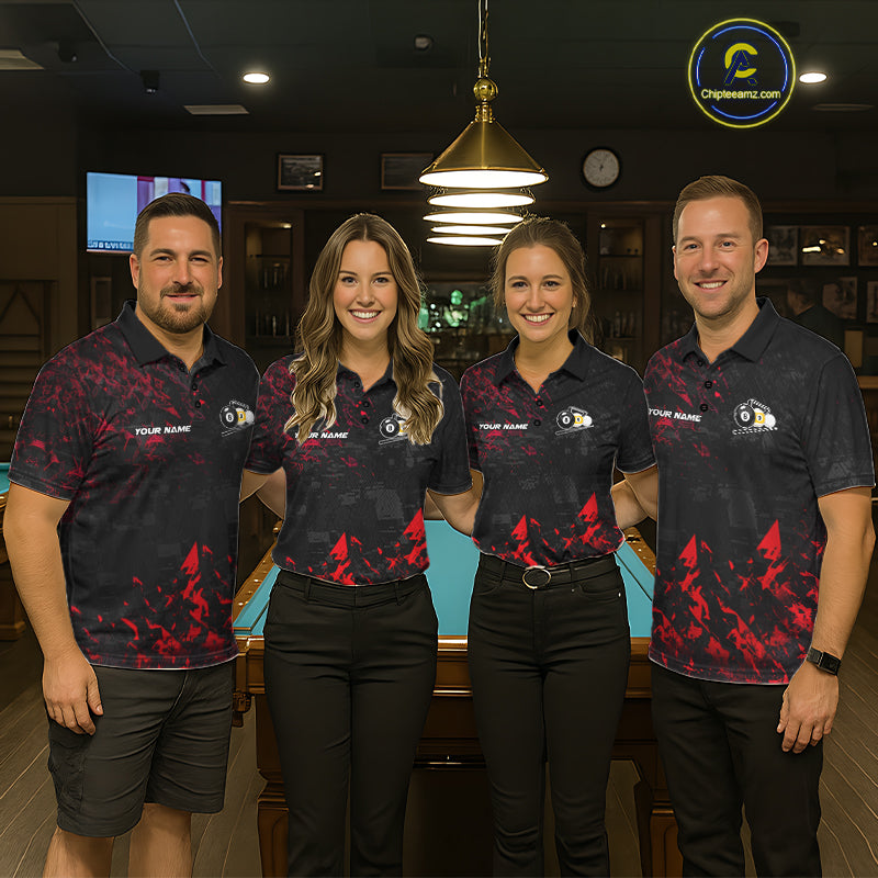 Pool Team Wearing Personalized Red Grim Reaper 8 Ball 9 Ball Billiard League Jerseys During Team Competition, Front View
