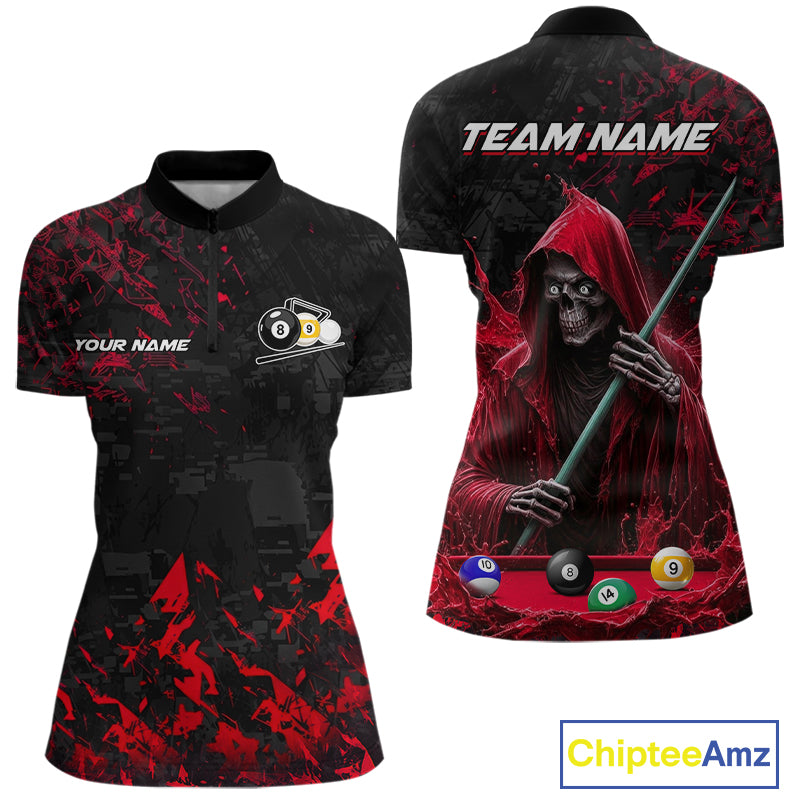 Personalized Red Grim Reaper 8 Ball 9 Ball Quarter Zip Billiard Shirt Created for Pool League Teams with Custom Performance Jersey Design