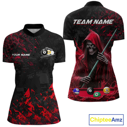 Personalized Red Grim Reaper 8 Ball 9 Ball Quarter Zip Billiard Shirt Created for Pool League Teams with Custom Performance Jersey Design