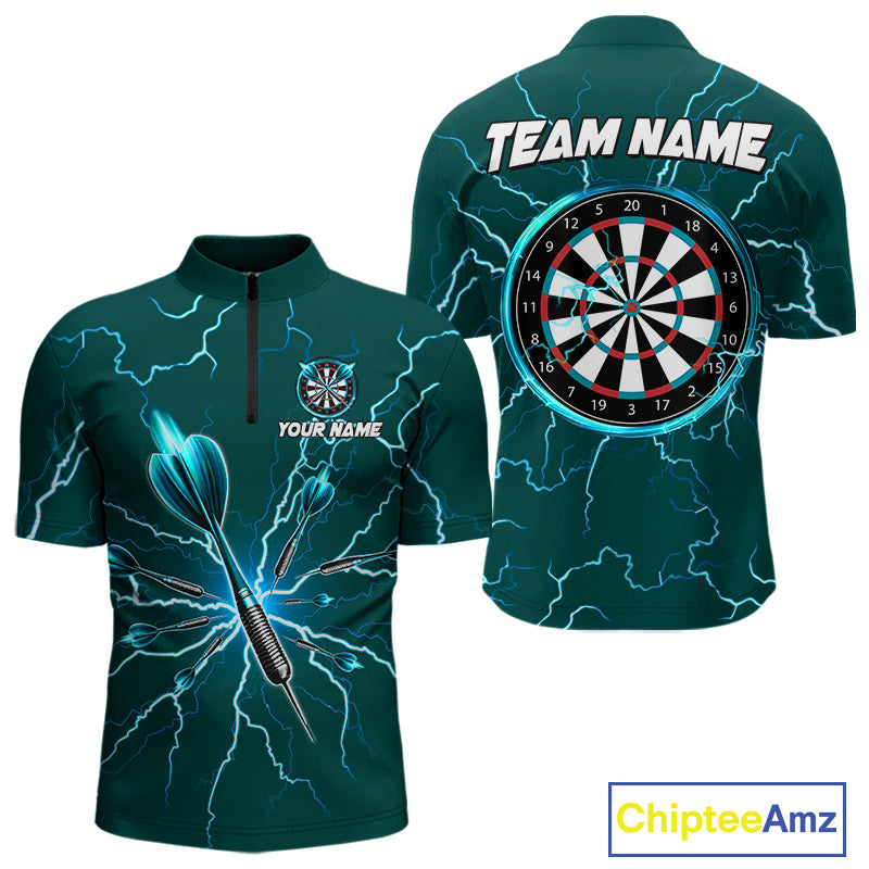 Turquoise Darts Thunder Lightning 3D Dart Polo & Quarter Zip Custom Dart Shirts For Men Dart Jersey TDM3032
