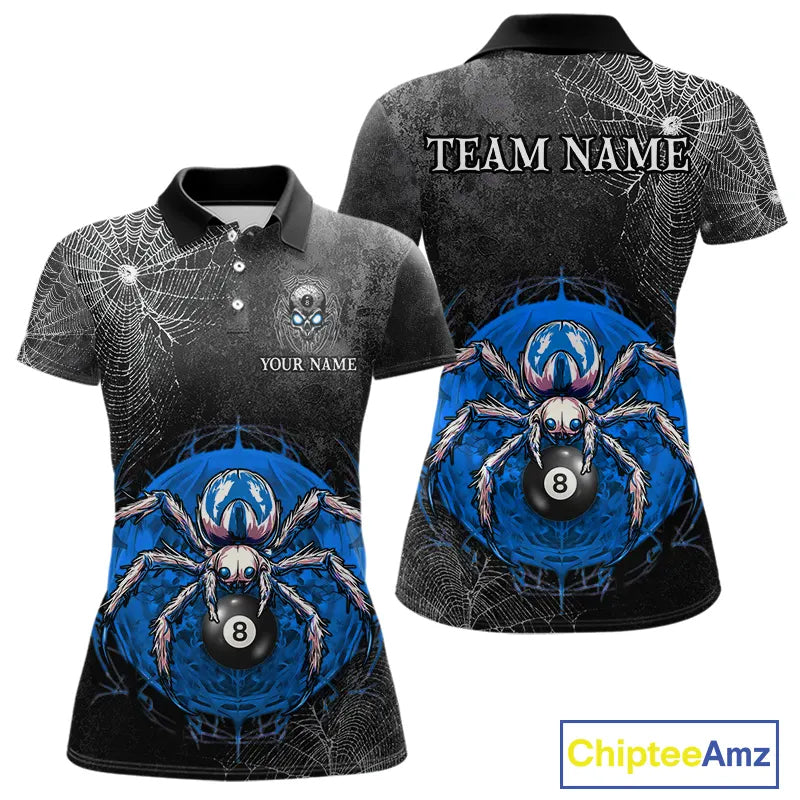 Personalized Grunge Spider Web 8 Ball Pool Billiard Shirt For Women, Billiard Team Jerseys |Blue TDM5518
