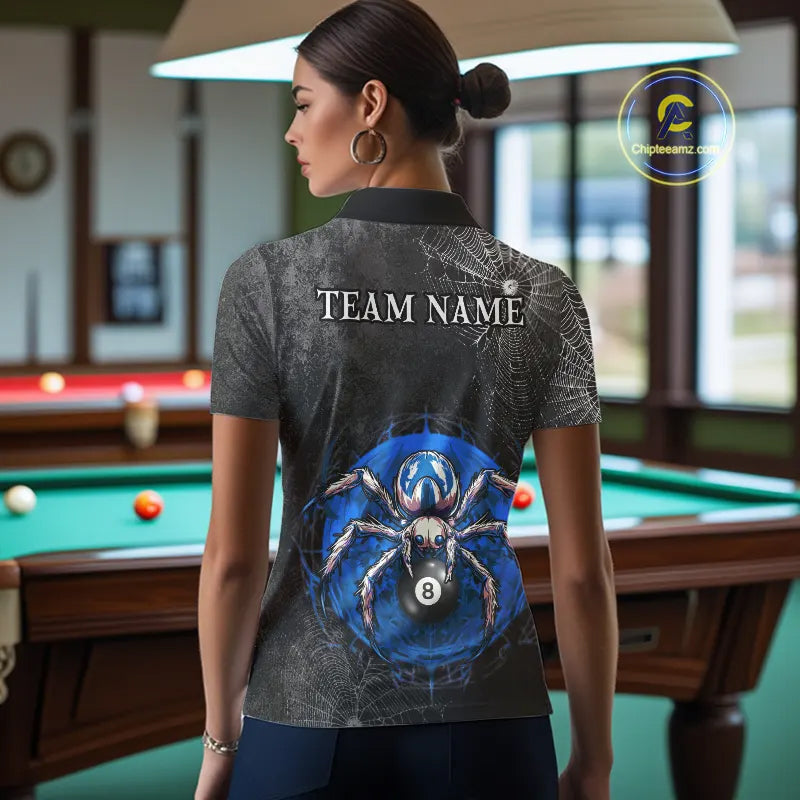 Personalized Grunge Spider Web 8 Ball Pool Billiard Shirt For Women, Billiard Team Jerseys |Blue TDM5518