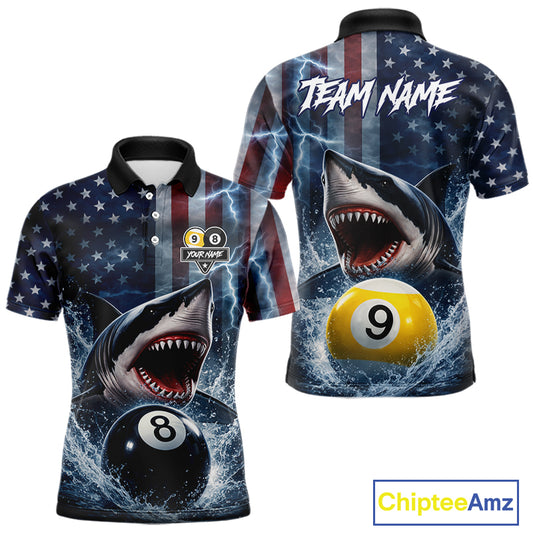 American Flag Shark 8 Ball & 9 Ball Billiard Shirt For Men Custom Lightning Patriotic Pool Jersey TDM5770
