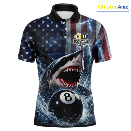American Flag Shark 8 Ball & 9 Ball Billiard Shirt For Men Custom Lightning Patriotic Pool Jersey TDM5770