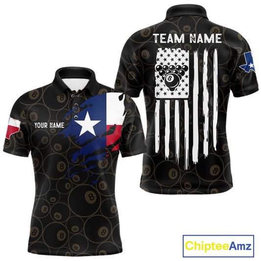 Personalized Texas Flag 8 Ball Pool Shirt For Men Custom US Flag Billiard Jersey Polo & 1/4 Zip TDM6137