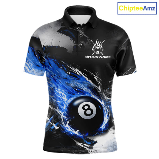 Custom Blue Flaming 8 Ball Pool Billiard Shirt For Men, Billiard Team Jersey Polo & 1/4 Zip TDM6370