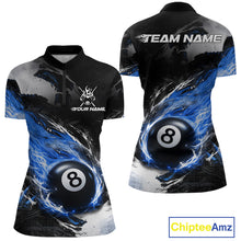 Load image into Gallery viewer, Custom Blue Flaming 8 Ball Pool Billiard Shirt For Women, Billiard Team Jersey Polo &amp; 1/4 Zip TDM6370