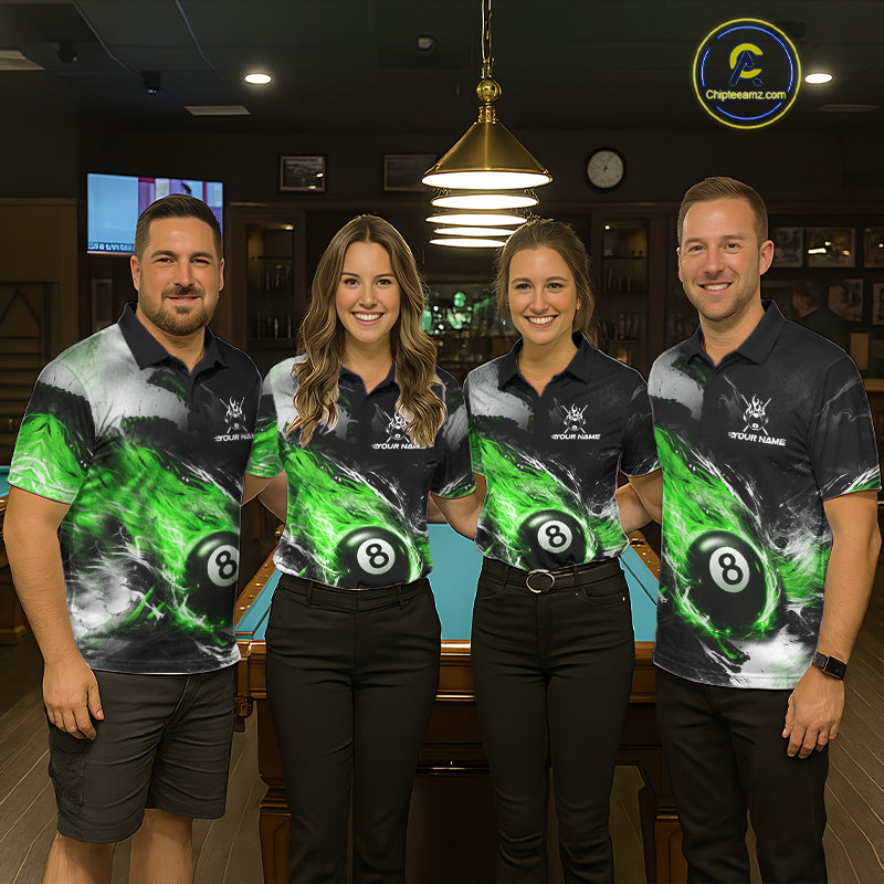 Custom Green Flaming 8 Ball Pool Billiard Shirt For Women, Billiard Team Jersey Polo & 1/4 Zip TDM6371