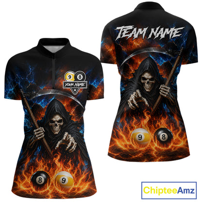 Custom 8 Ball & 9 Ball Fire Grim Reaper Billiard Shirt For Women, Pool Team Jersey Polo & 1/4 Zip TDM6562