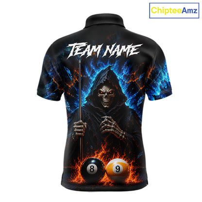 Custom Fire 8 Ball & 9 Ball Grim Reaper Billiard Shirt For Men, Pool Team Jersey Polo & 1/4 Zip TDM6563