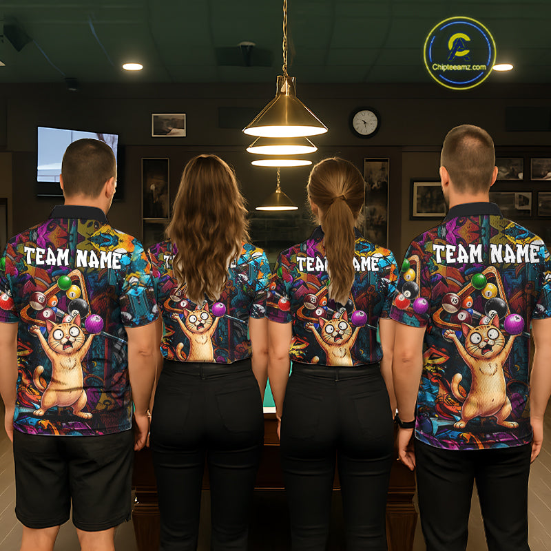 Colorful Billiard Jersey Custom Funny Cat Graffiti Billiard Polo & Quarter Zip Shirts For Men TDM6564