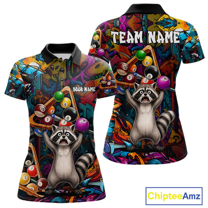Colorful Billiard Jersey Custom Funny Raccoon Graffiti Billiard Polo & Quarter Zip Shirts For Women TDM6565
