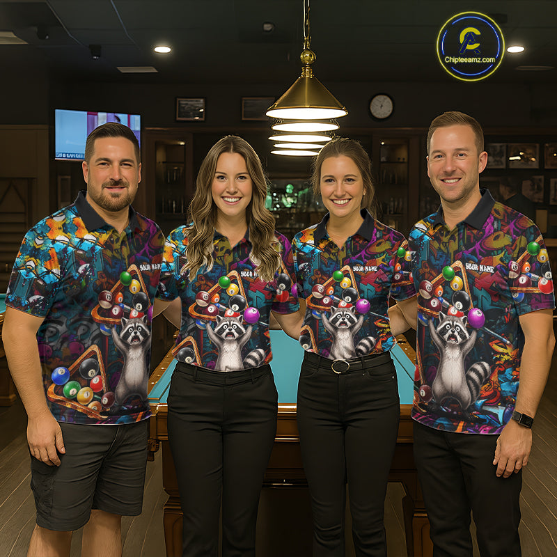 Colorful Billiard Jersey Custom Funny Raccoon Graffiti Billiard Polo & Quarter Zip Shirts For Men TDM6565