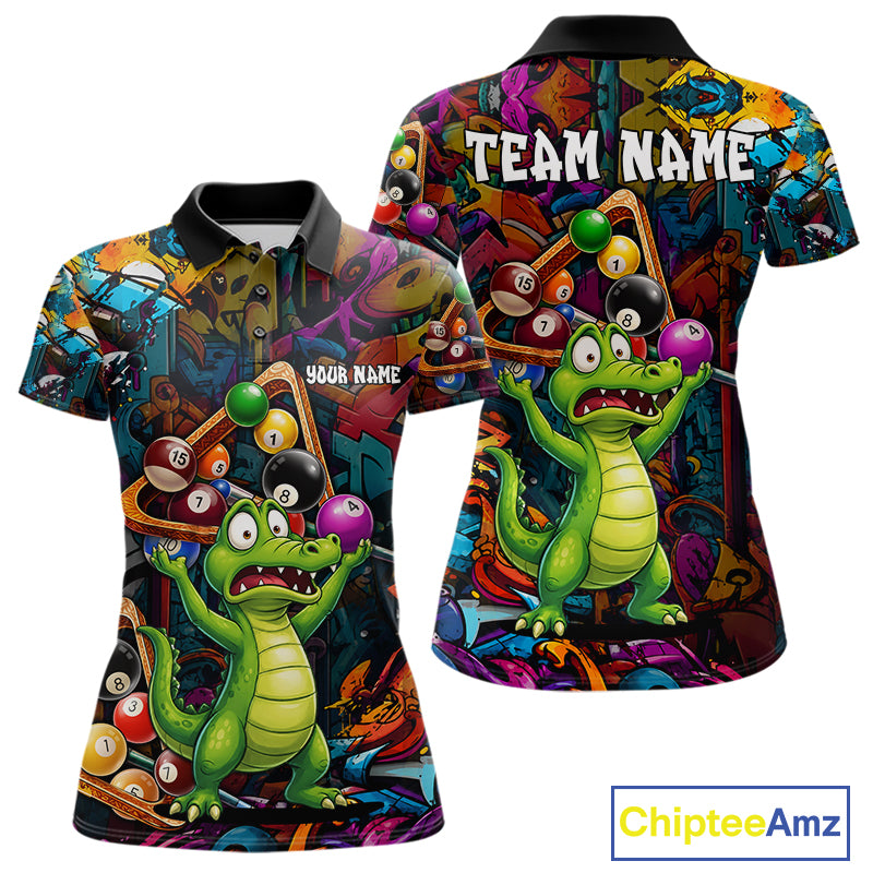 Colorful Billiard Jersey Custom Funny Dinosaur Graffiti Billiard Polo & Quarter Zip Shirts For Women TDM6566